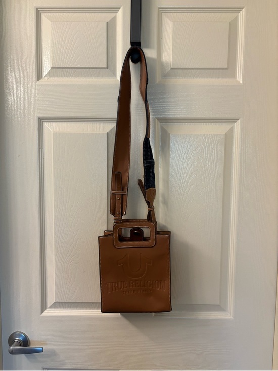 True Religion Handbags - True Religion Tan Structured Leather Crossbody Bag with Denim Strap